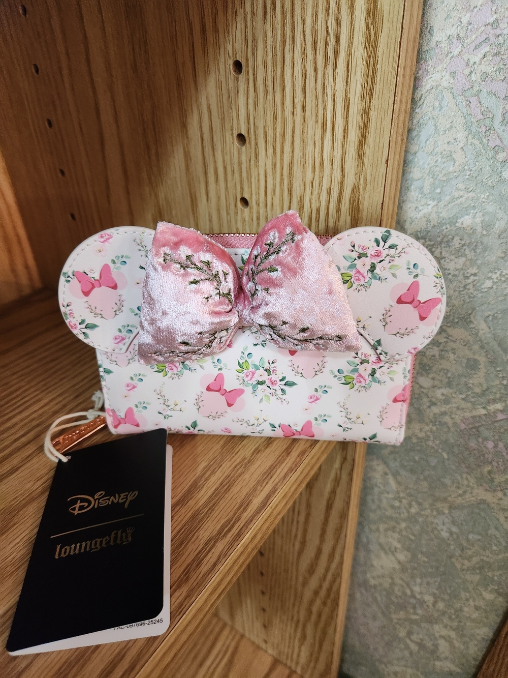 Loungefly Hard Tag Pink Floral Minnie Ear Card Wallet with Velvet Bow